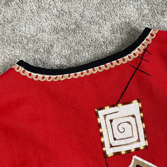 VTG Patchwork Embroidered Top Sz M Red Black Long Sleeve Funky Abstract Linen - Picture 12 of 13